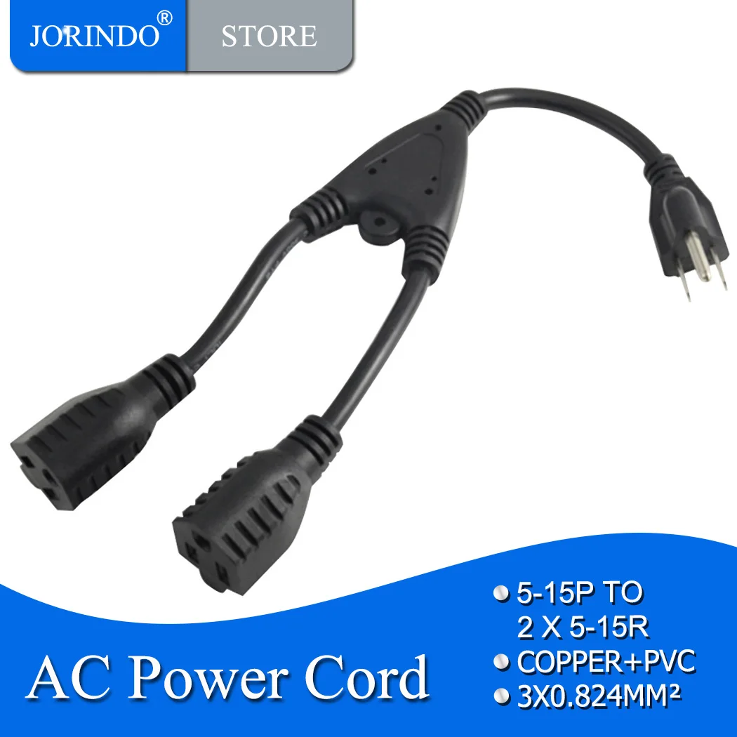 JORINDO Nema 5-15P to 2×5-15R,0.3M/0.98FT,Y Split AC Power Cord，US Male To 2 Female,1 In 2 Out AC Power Cable