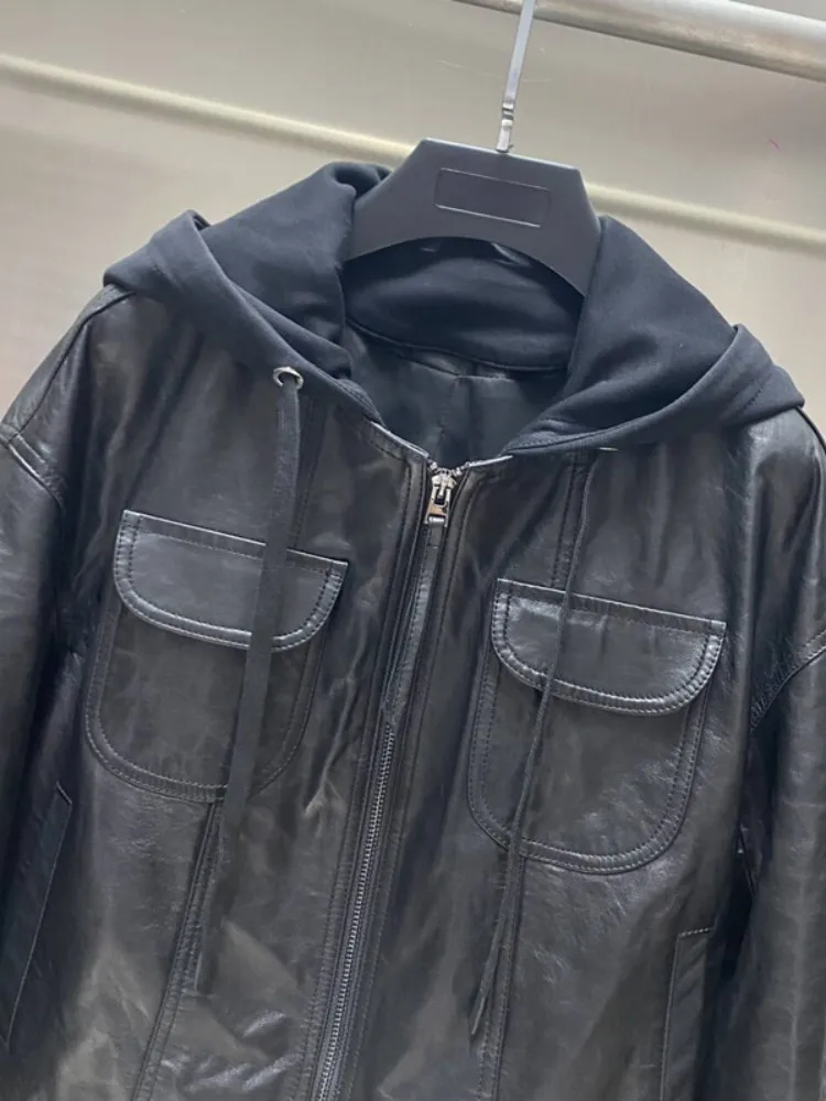 Freizeit-Stil Damen mit Kapuze, einfarbig, echtes Leder, Jacke, lockerer Reißverschluss, handgefertigt, lange Ärmel, Schaffell-Baseball-Oberbekleidung