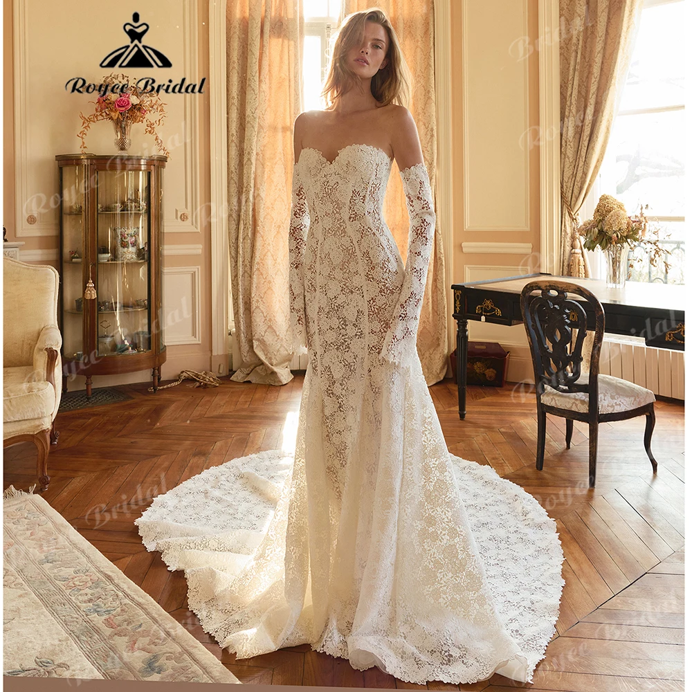 2027 Strapless Lace Mermaid Wedding Dress with Detachable Long Lace Sleeves Cathedral Train Bridal Gown Customized