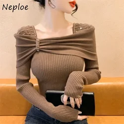 Neploe Fashion Beading Bow Square Collar Sweater Mujer Spring Long Sleeve Pullovers Autumn New Slim Fit Bottoming Tops Women