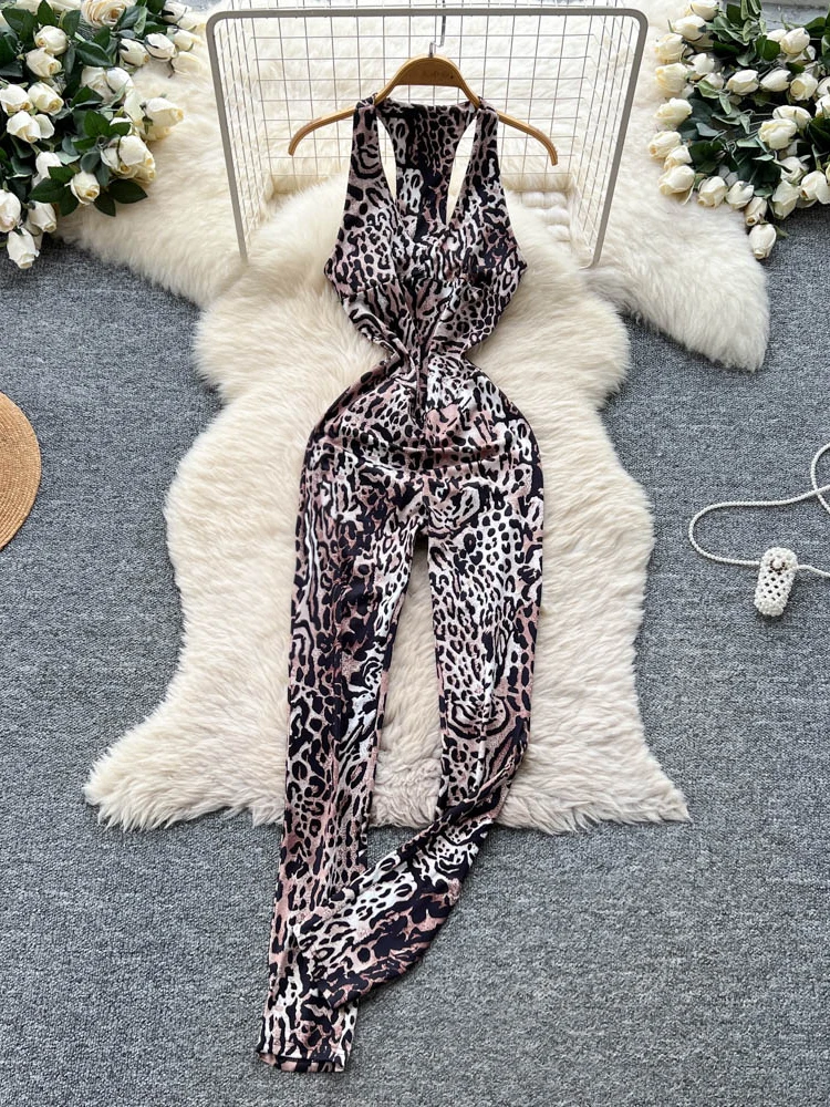 

Сексуальные цельные брюки с леопардовым принтом, женские летние брюки 2024, прямой комбинезон с высокой талией, длинные брюки для поездок на работу