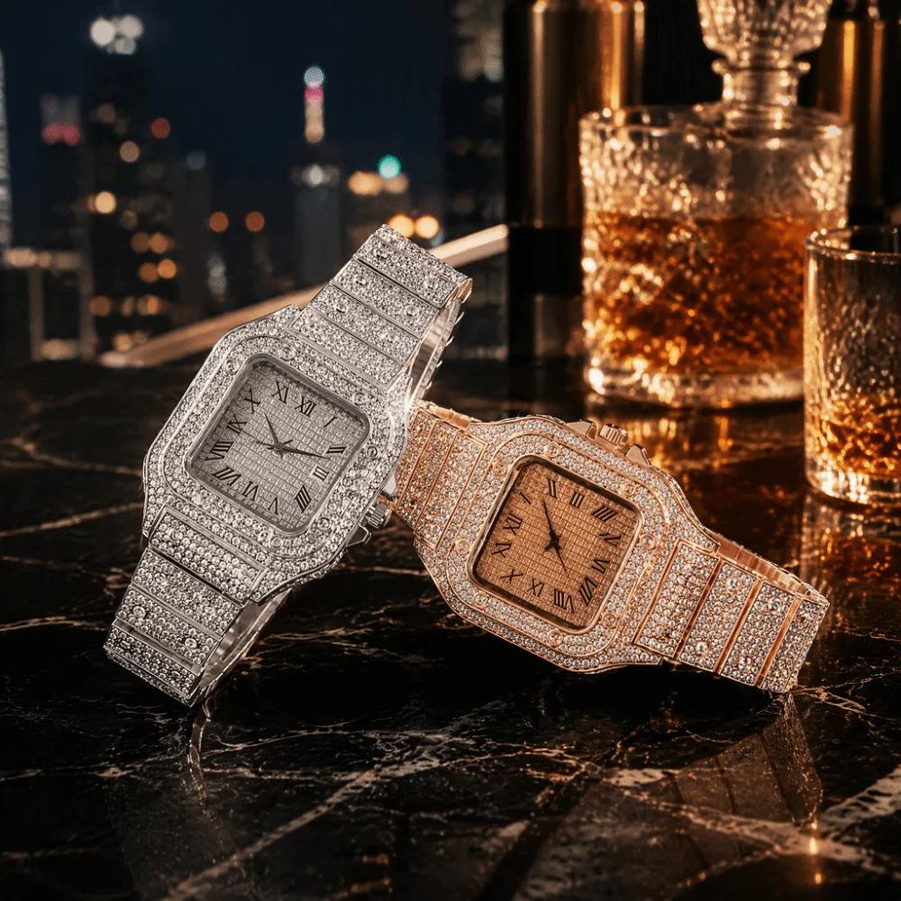 Waterproof Classic Luxury Business Watch Square Steel Strap Quartz Wristwatch Roman Scale Rhinestone Men Watch Luxury Accessory