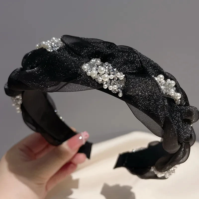 Korean Double Pearl Rhinestone Headband Lace Braided Hairband Hair Hoop Bezel Crystal Headbands for Women Girl Hair Accessories