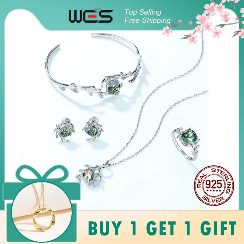 

WES 925 Sterling Silver Natural Gemstone 8*8mm Moss Agate Jewelry Set for Women Leaf Branch Ring Pendant Wholesale Wedding Gift