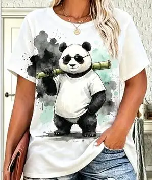 Women Cool Panda With Sunglasses Graphic T‑Shirt Ink Bamboo Art Casual Short Sleeve Tee Top