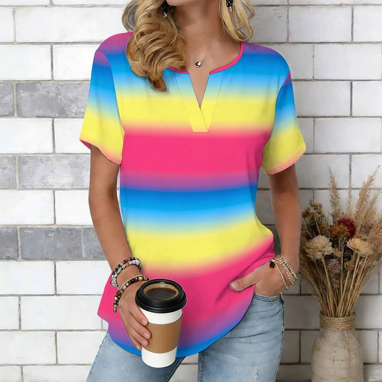 Women Print Notched V Neck Short Sleeve Casual Loose Tunic Tops