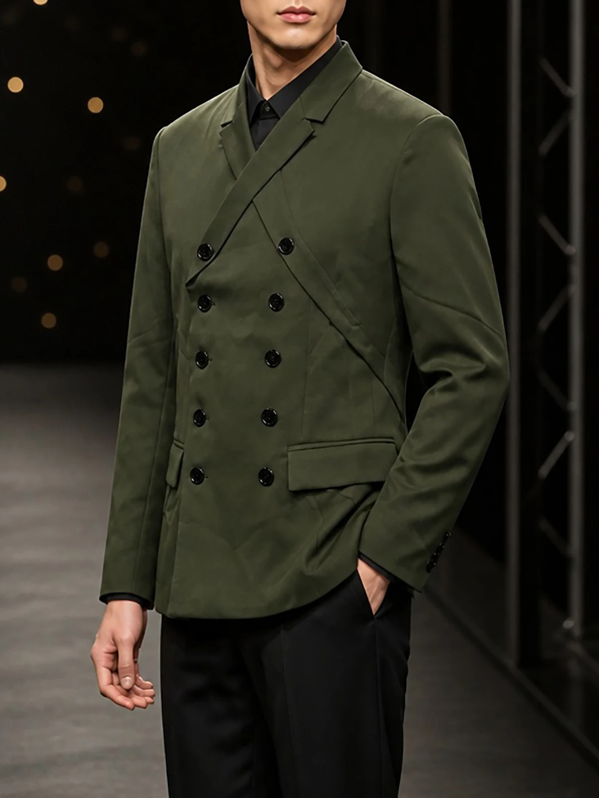 Men's Dark Green Slim Fit Double Breasted Asymmetrical Cross Strap Blazer Vintage Business Formal Suit for Wedding Guest Prom