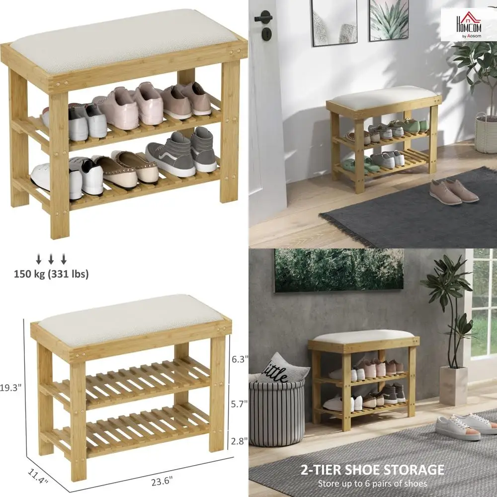 

3-х ярусная бамбуковая скамейка для хранения с подушкой для прихожей и прихожей, вмещает обувь до 331