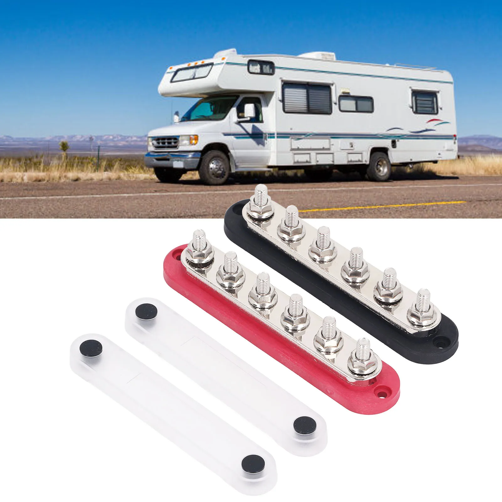 2Pcs M8 300A 12‑48V Power Distribution Block Brass Stainless Steel Bus Bar Terminal Block for Car Boat Marine