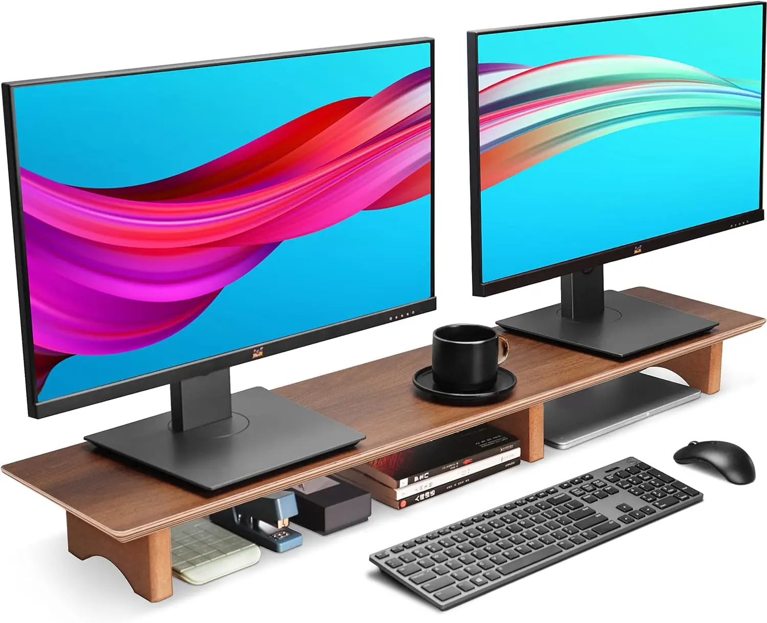 Supporto per doppio Monitor grande, ripiano da scrivania in legno massello, gambe in sughero ecologico per Computer portatile, sotto lo stoccaggio per accessori per ufficio