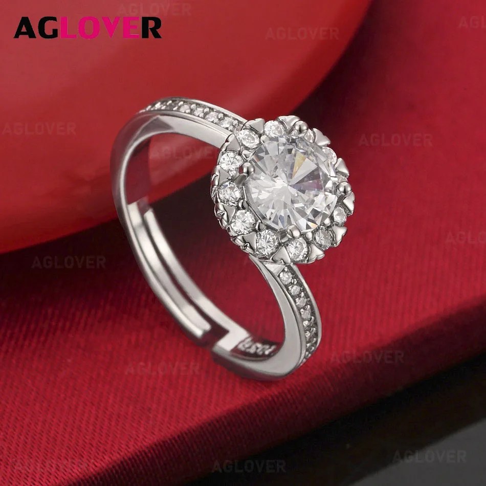 

AGLOVER 925 Sterling Silver Round Zircon Ring Women's Exquisite Cute Wedding Engagement Party Jewelry