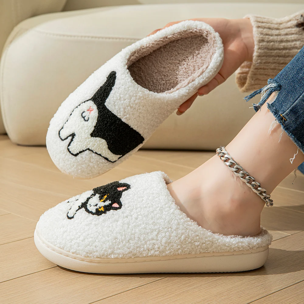 Cute Cartoon Cat Pattern Slippers Women Casual Soft Sole Plush Lined Home Shoes Woman Non-slip Comfort Warm Winter Slippers 2024