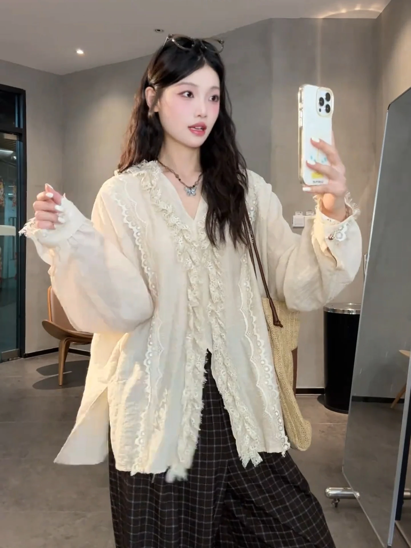 

Ele Lace irt Women's Long Sve V-Ne Loose Fit Slimming Versatile Spring Autumn Korean Sle Breathable Skin-Friendly