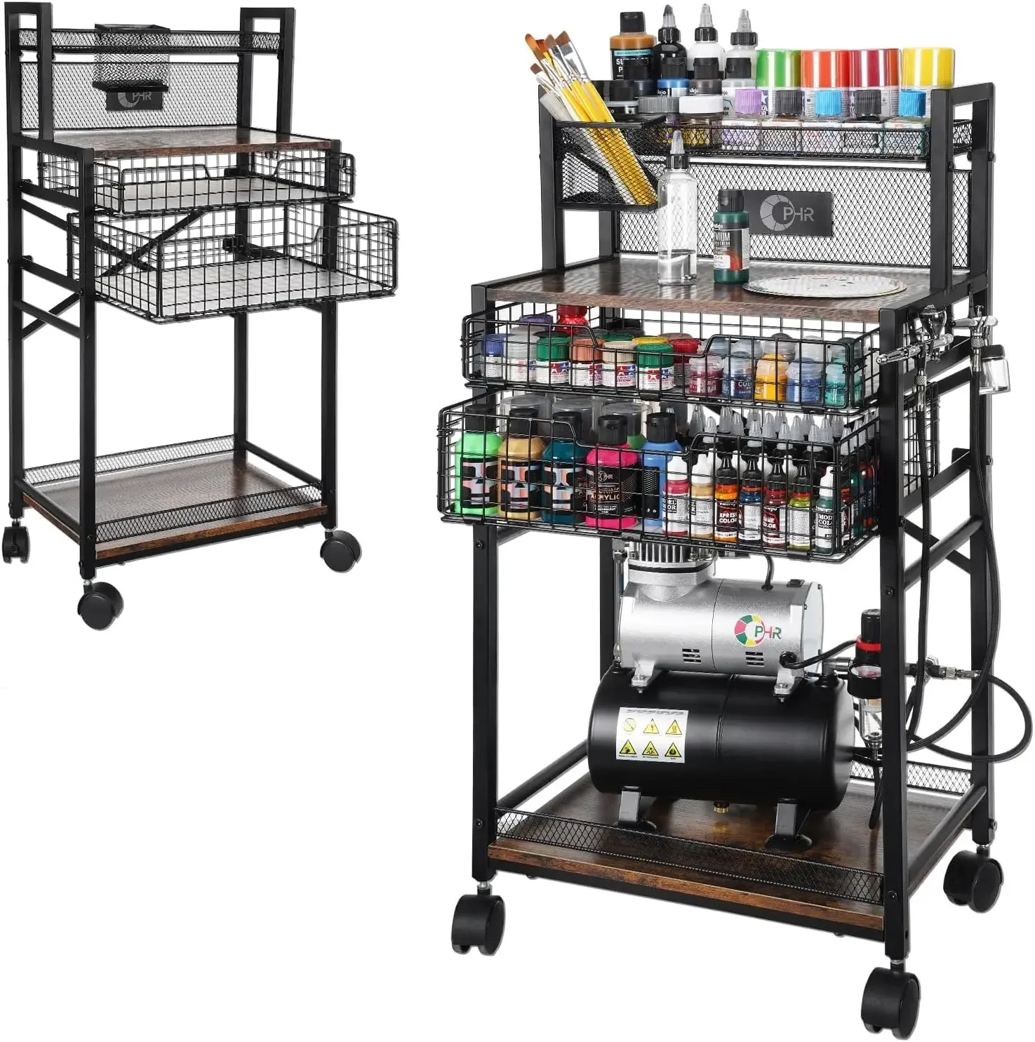 5 Tier Metal Airbrush Storage Cart for Air Compressor,Paint Supplies | 360° Lockable Wheels, 2 Drawers, Airbrush & Brush
