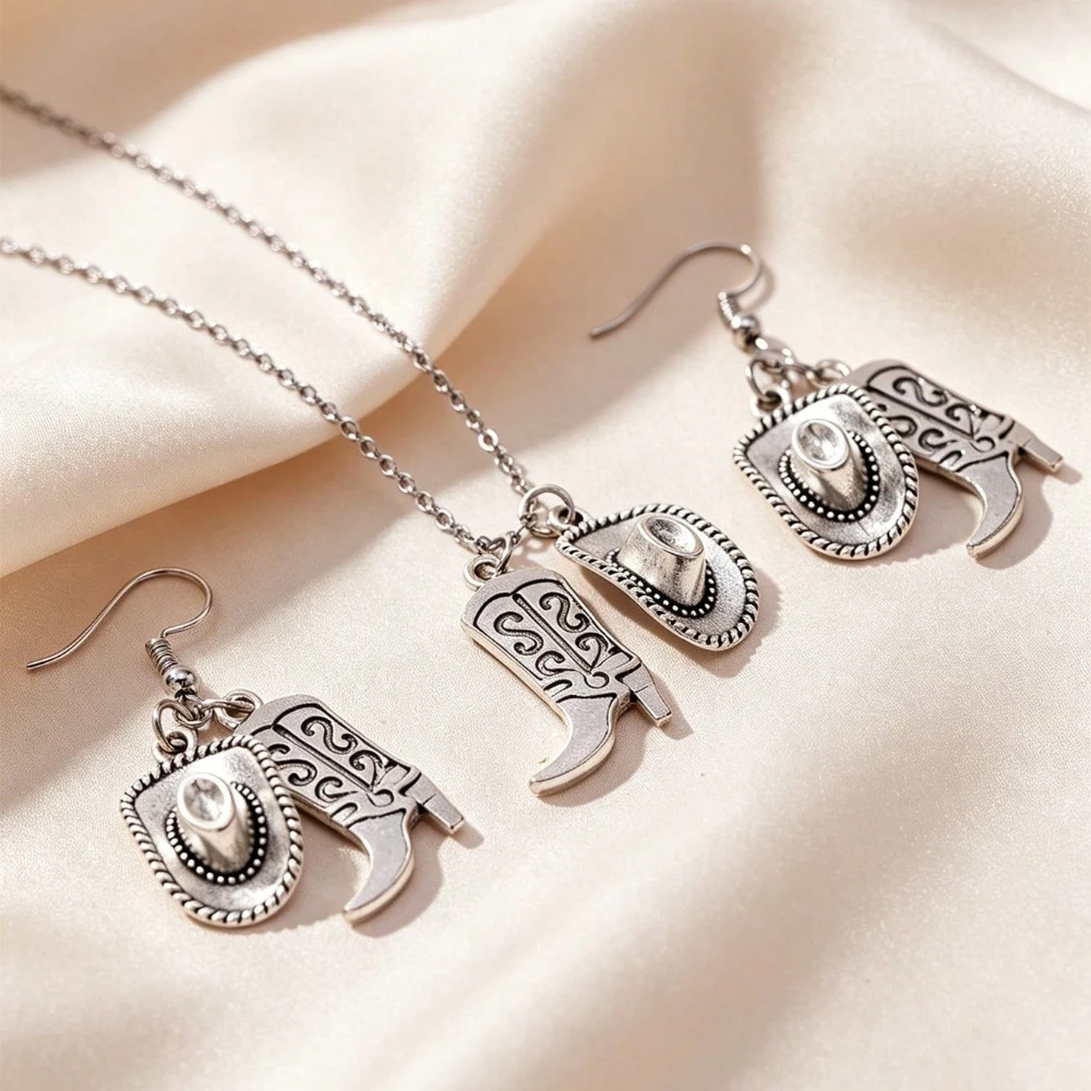 3pcs Vintage Western Cowboy Hat Boots Themed Includes Necklace and Earrings for Women Jewelry Set Fusion of Bohemian Style Gifts