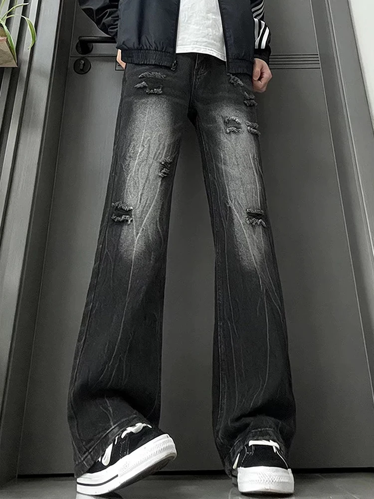 

American Washed Lightning Pattern Hole Denim Jeans Men's Cleanfit Teenagers High Street Straight Tube Micro Flared Pants