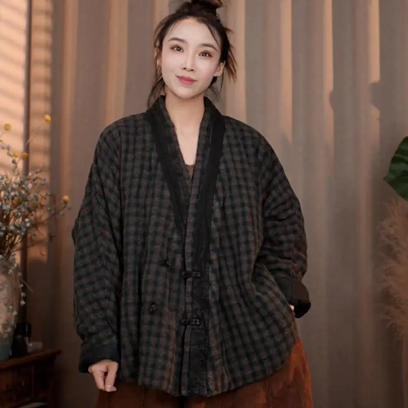 2026 Autumn Winter Arts Style Women V-neck Loose Thicken Linen Padded Coat Single Breasted Vintage Plaid Cotton-padded Jacket