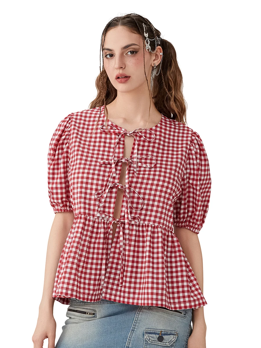 Women Y2k Plaid Tie Front Shirt Puff Sleeve Peplum Blouse Round Neck Babydoll Top Casual Streetwear