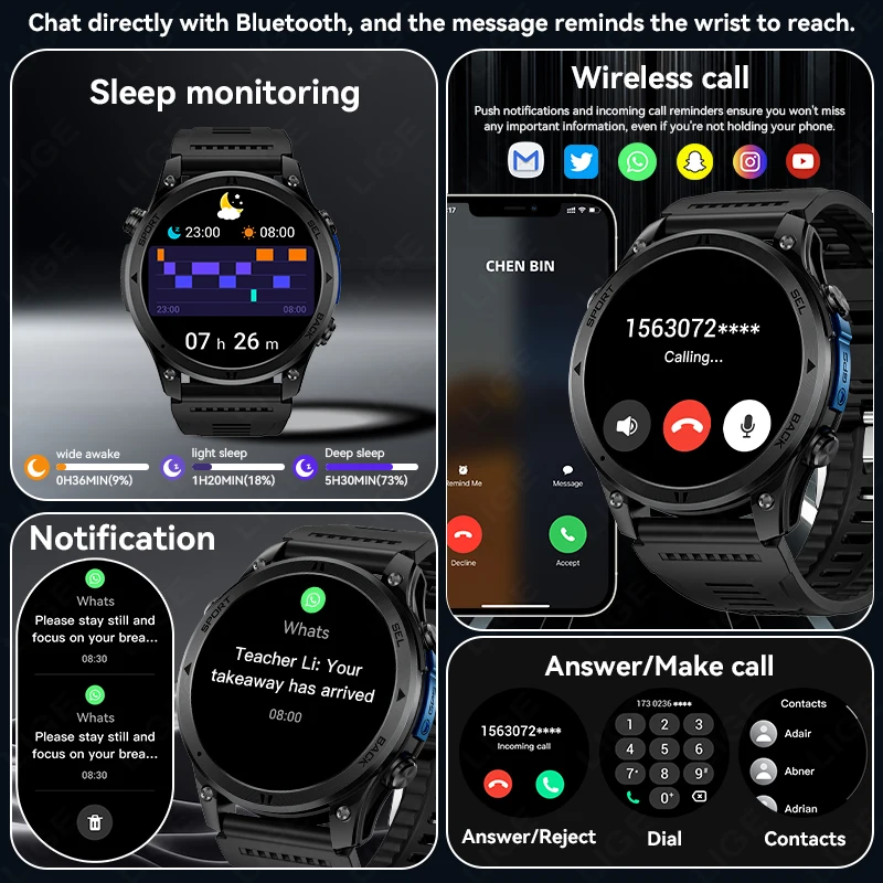 LIGE GPS Military Smartwatch 6 Satellite GPS Positioning 100+ Workout Modes Sport Fitness Compass 1.46" HD Display Smart Watches