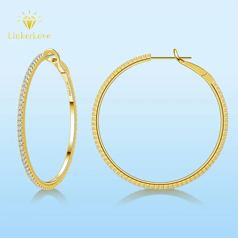 

LinkerLove серьги-кольца с муассанитом и бриллиантами, стерлинговое серебро 925 пробы, позолоченные серьги 30/40/50 мм для женщин, свадебные роскошные ювелирные изделия