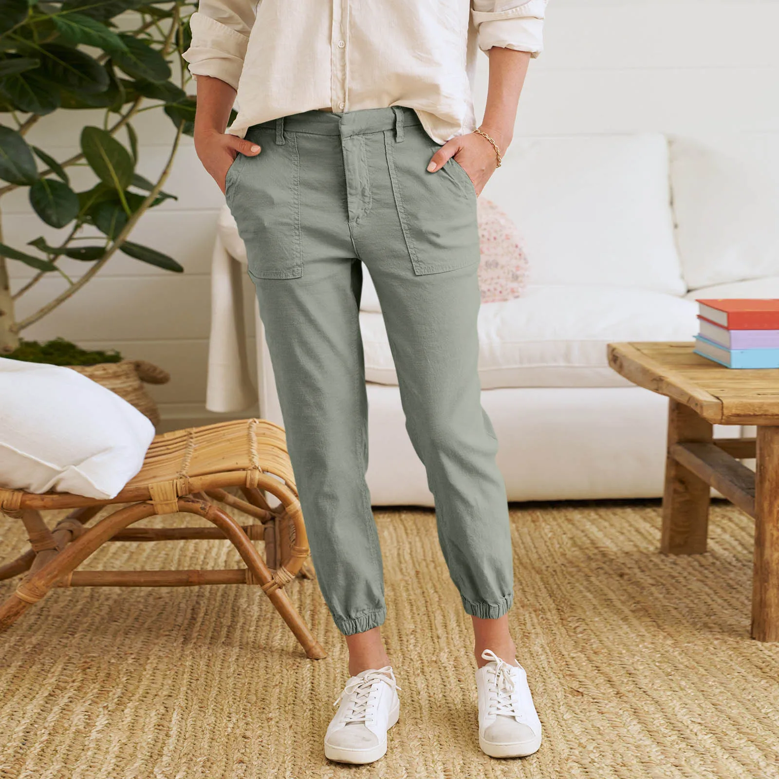 

Women'S Cotton And Linen Capri Pants, Women'S Work Casual Capri Pants, Casual Tapered Workwear Jogging Pants With Pockets
