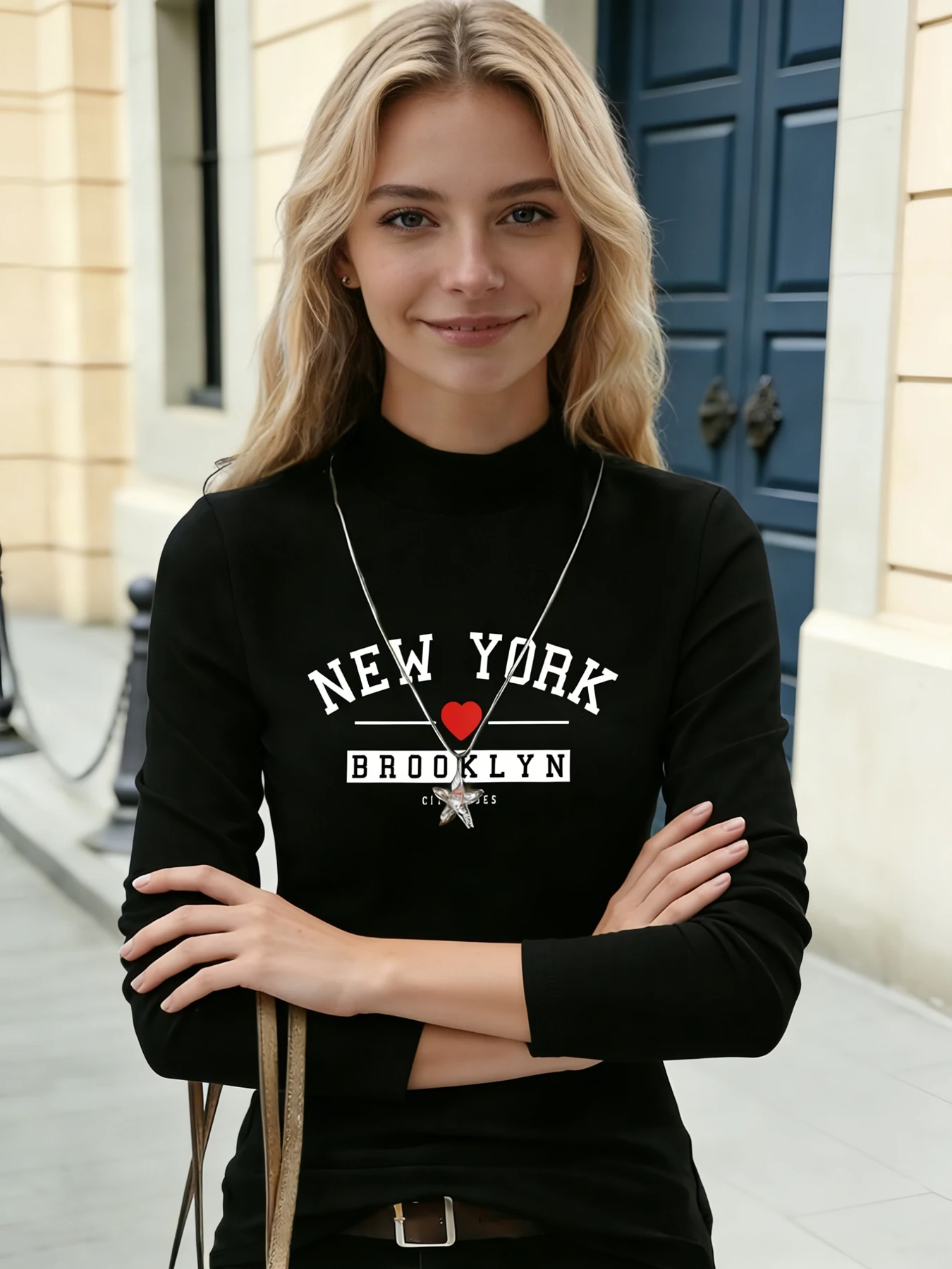 Dames T-shirt met opstaande hals en lange mouwen New York Brooklyn Rode hartprint Casual blouse Basic dagelijks T-shirt Zachte top voor dagelijks gebruik