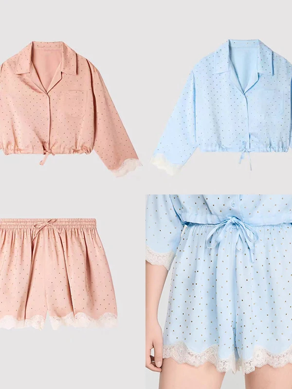 

Macaroon Color Silk Smooth Rhinestone Waist Cinched Cuban Collar Top Lace Trim Shorts Women's Fashion Set Summer Early Autumn...