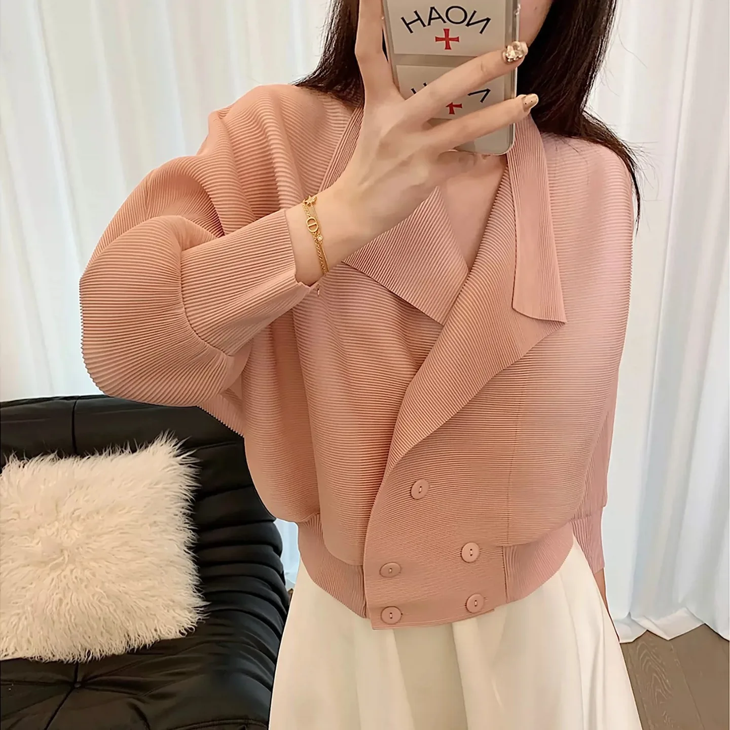 YUDX Miyake Pleated Cropped Blazer Women Batwing Sleeve Open Front Button Cardigan Jacket Elegant Office Casual Coat New Arrival