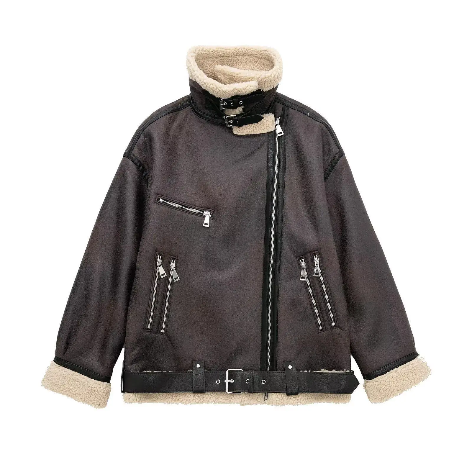 Belted Zipper Composite Jacket Thickened Windproof and Waterproof  with Integrated Leather and Fur Coat