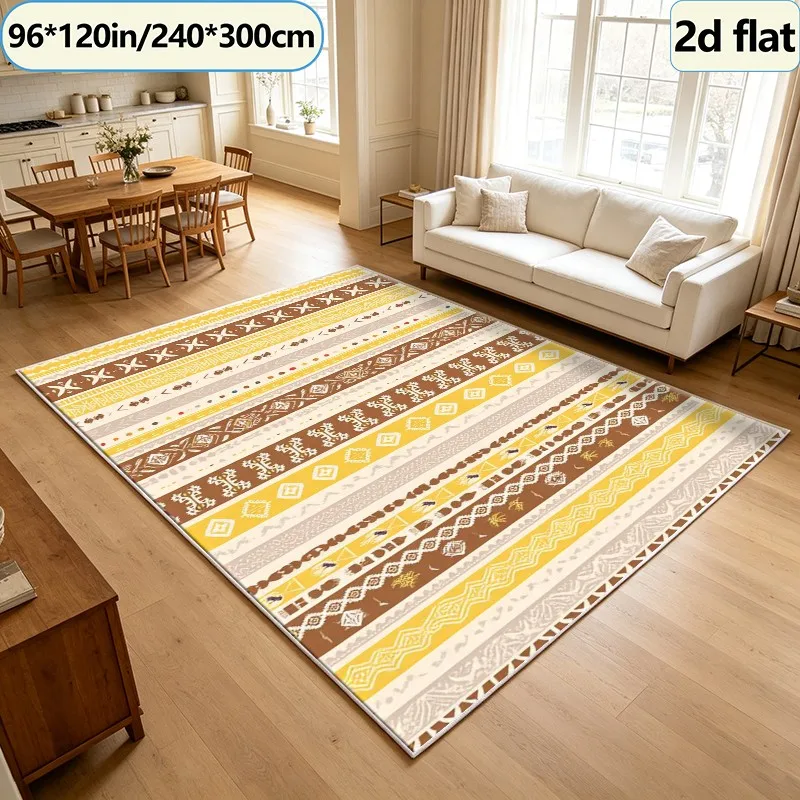 Bohemian Style Yellow-Brown Vertical Tribal Striped Carpet, Square Rug, Non-Slip, Washable Floor Mat Suitable for Living Room, Balcony, Home Interior Decoration