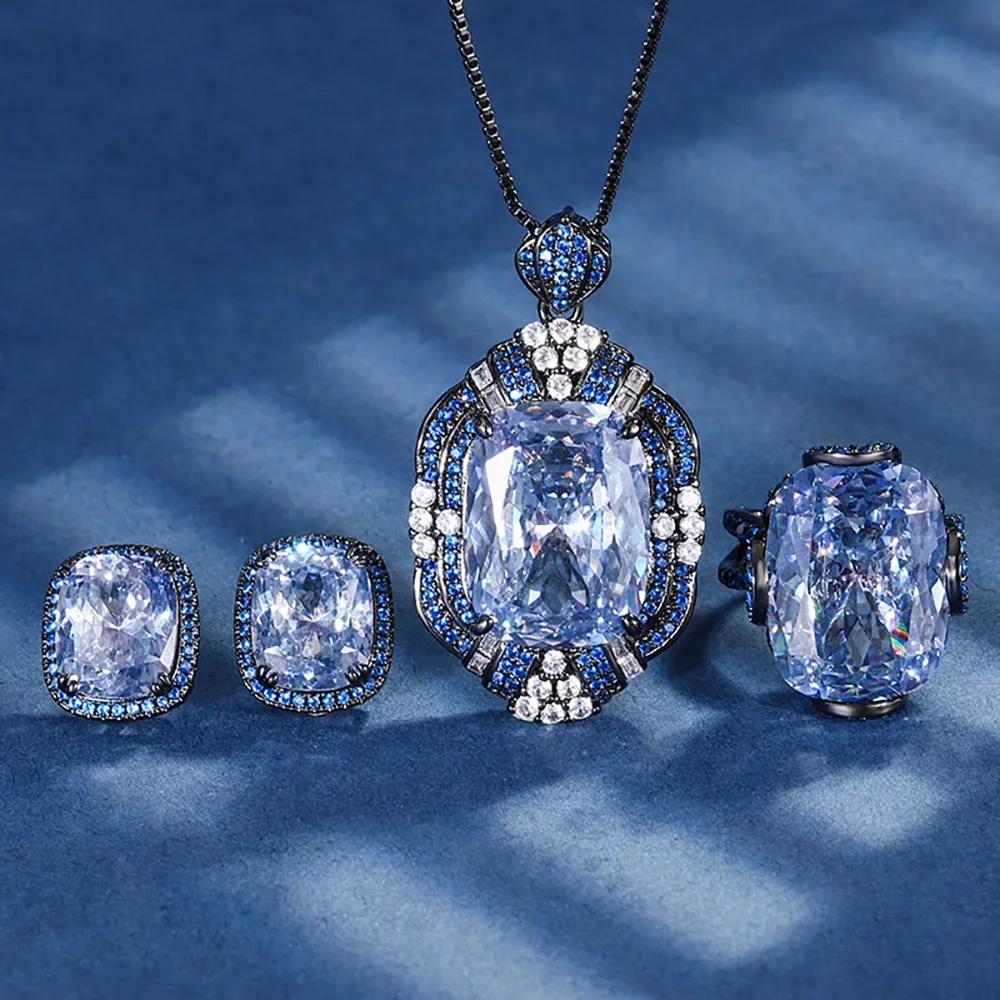 

Retro Luxury Blue-Grey Lab Aquamarine Gemstone Necklace Pendant Rings Earrings Cocktail Party Fine Jewelry Sets for Women Gift
