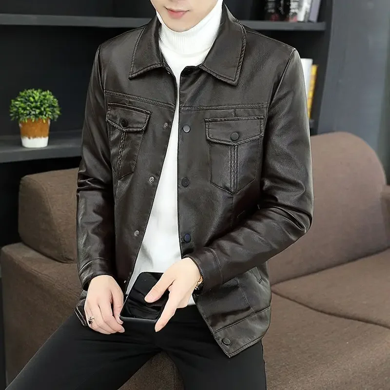 2025 Spring Leather Men's New Lapel Handsome Casual Thin Plus Fleece Coat Young Slim Korean Wear Fashion Trend Zipper Jacket