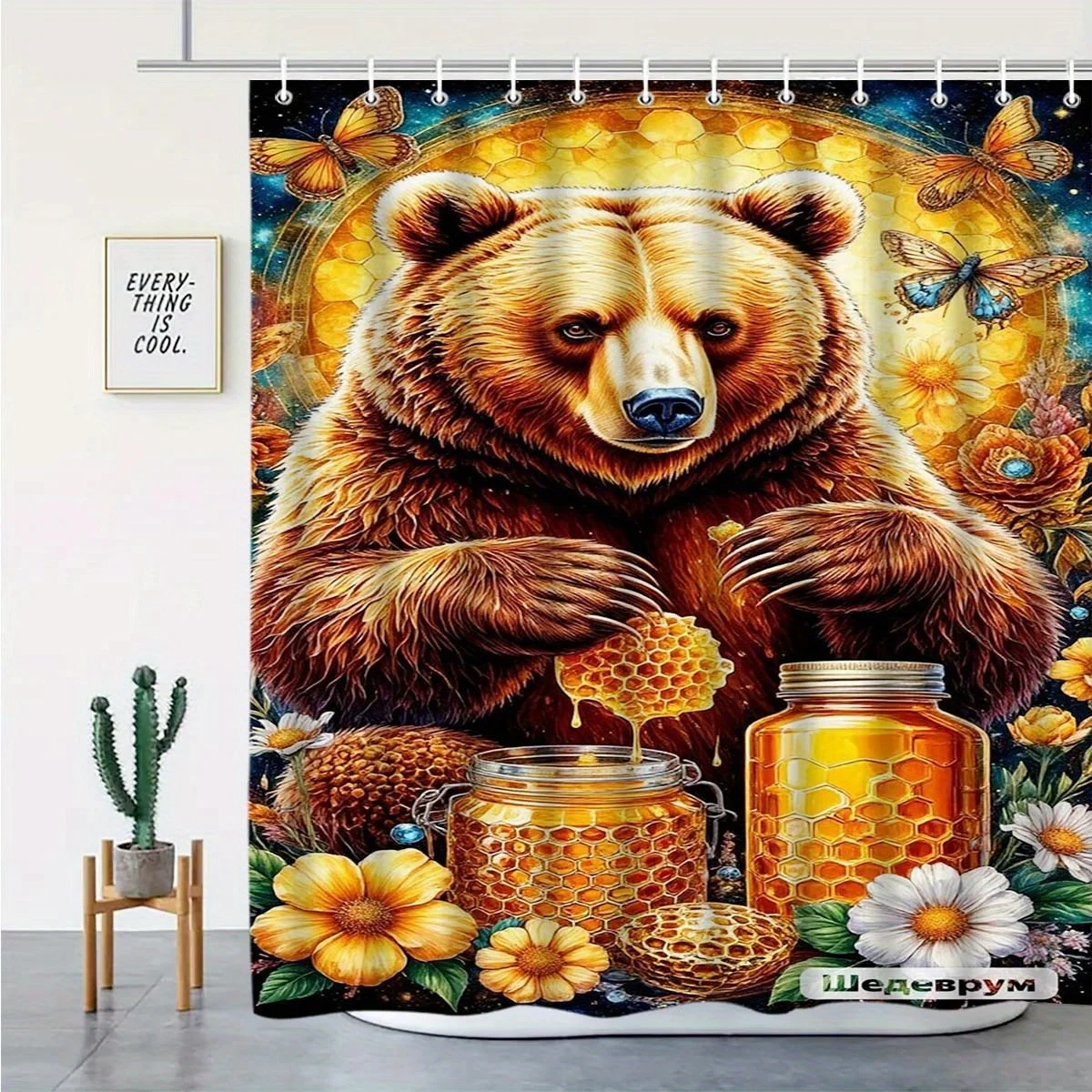 4pcs Creative HD Green Leaf Animal Landscape Element Theme Pattern Printed Shower Curtain Set, Luxury Shower Curtain Four-Piece Set Bathroom Home Decoration Shower Curtain with 12 Hooks, with Non-Slip, Toilet U-Shaped Pad, Toilet Lid Pad