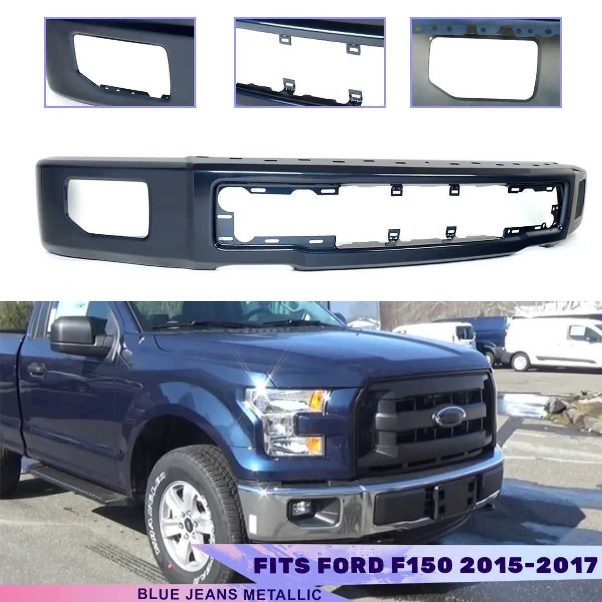 Front Bumper with Fog Lights Hole replace for Ford F150 2015-2017 Front Surround Body Kit Blue Jeans Front Bumper Cover Face Bar