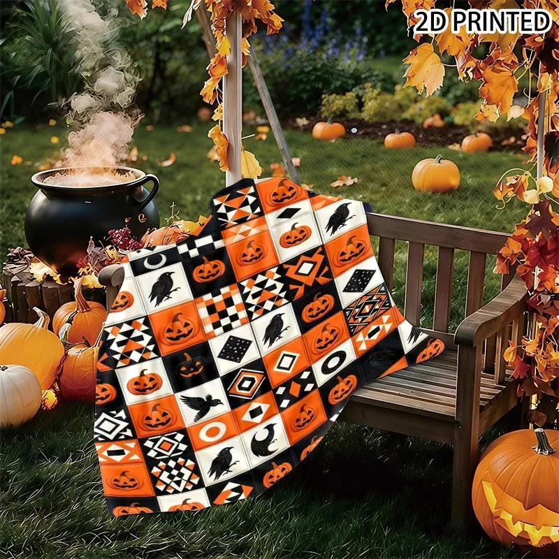 Halloween Themed Plaid Pattern Throw Blanket with Jack-o'-Lantern, Raven & Spooky Geometric Prints in Black White Orange, Multip