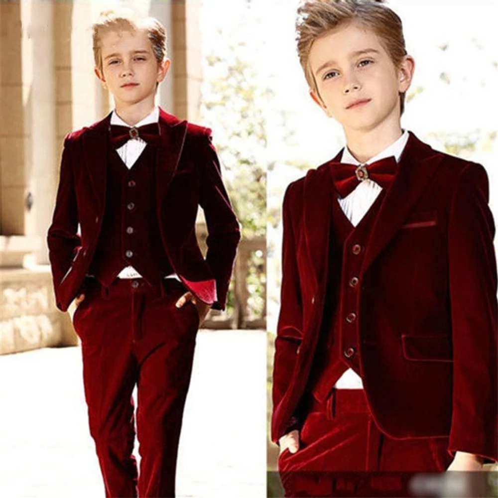 

Velvet Boys Wedding Suit Kids Formal Jacket Vest Pants 3 Pcs Birthday Party Photograph Tuxedo Dress Children Performance Costume