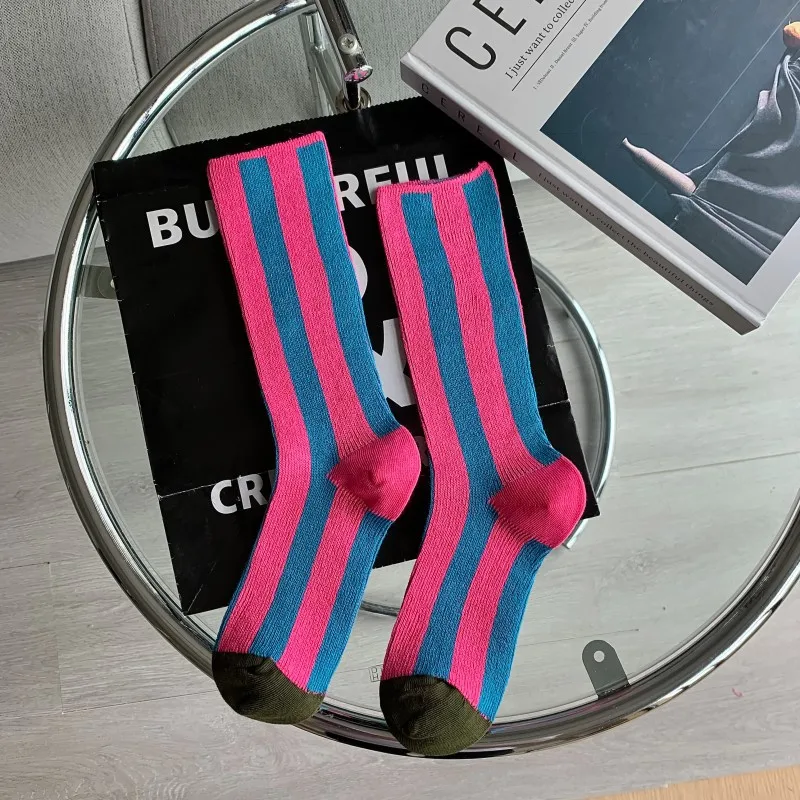 Striped Matching Color Women\'s Socks Summer Thin Midtube Socks Color Midtube Cotton Socks