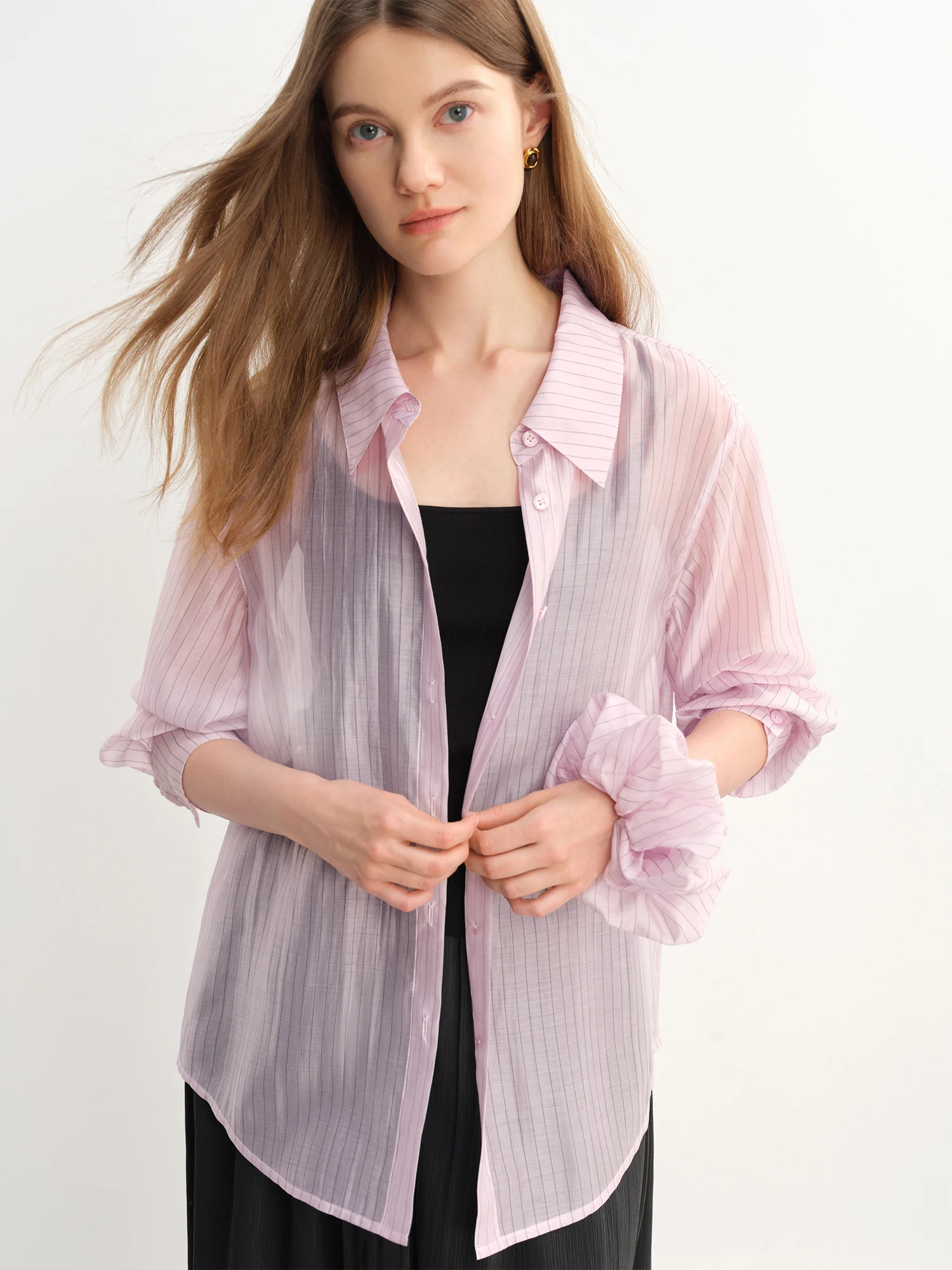 DUSHU Plus Size Striped Perspective Long-sleeved Shirt For Women 2025 Summer New Arrival Fresh Chic Tops for Women 25DS82832