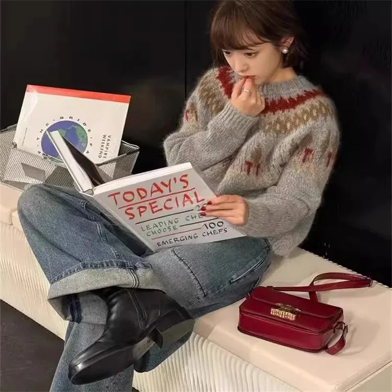 

Vintage Fair Lsland Knitted Mohair Jacquard Sweater For Women 2025 Autumn And Winter Christmas Korean Style Loose And Lazy Top