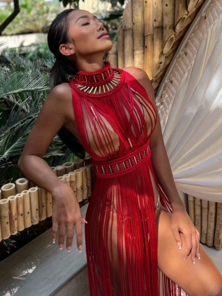 

EOENKKY Bohemian Crochet Knitted Women Beach Cover Ups Vintage Tassel Halter Neck Long Maxi Dress Backless Vestidos 2025