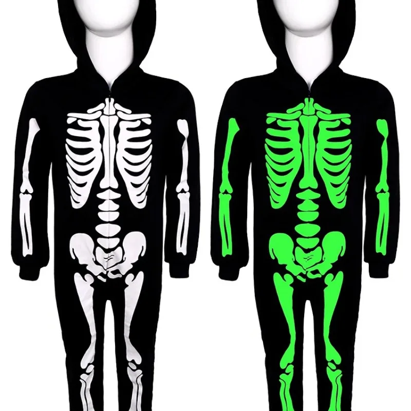 Fantasia de esqueleto qq28lqhalloween para crianças, macacão fantasma que brilha no escuro, festa de carnaval, body zentai, performance de palco o
