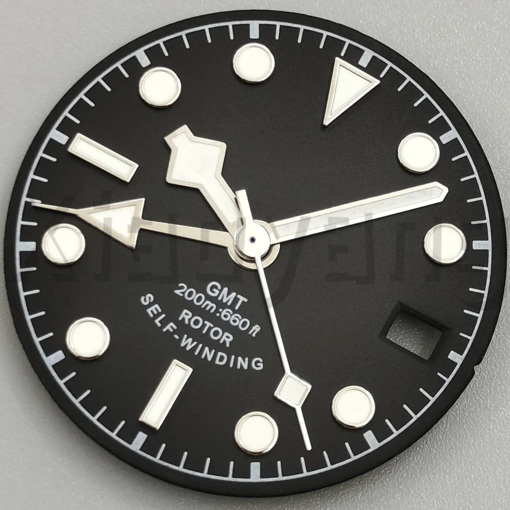 29mm Sterile Black/White Matte GMT Watch Dial With 4-pin Snowflake Watch Pointers Watch Parts Green Luminous Fit NH34 Movement