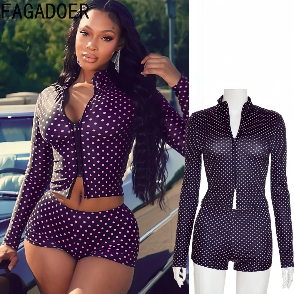 

FAGADOER Retro Fashion Polka Dot Vintage Purple Two Piece Outfits Woman Purple Long Sleeves Crop Top and Pants Female Streetwear