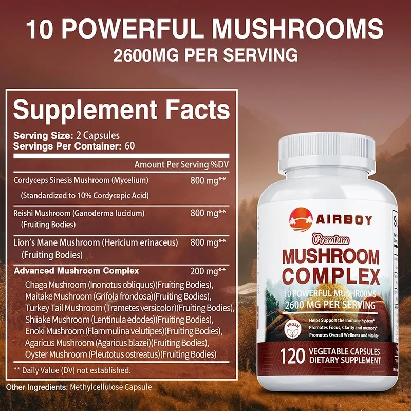 Mushroom Complex Capsules - Promotes Brain Health, Boosts Immune Function, and Helps Enhance Memory and Concentration