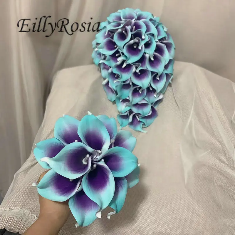 EillyRosia Cascading Bridal Bouquet Wedding Flowers Artificial Blue Purple Real Touch Calla Lilies Bridesmaid Holding Flower Set