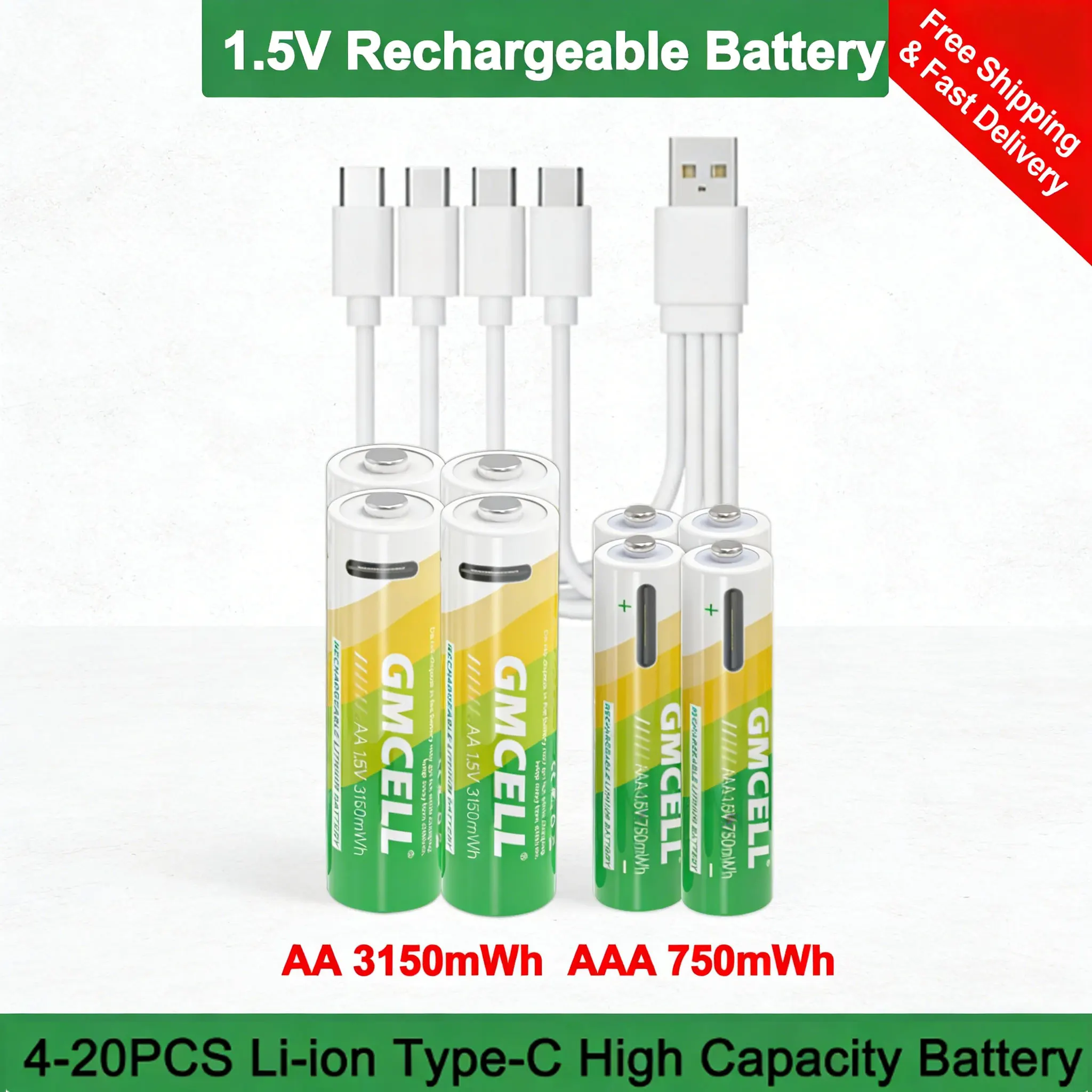 

High Capacity 3150mWh AA 1.5V USB Lithium Rechargeable Battery 4-20PCS AAA For Camera Mouse Remote Control