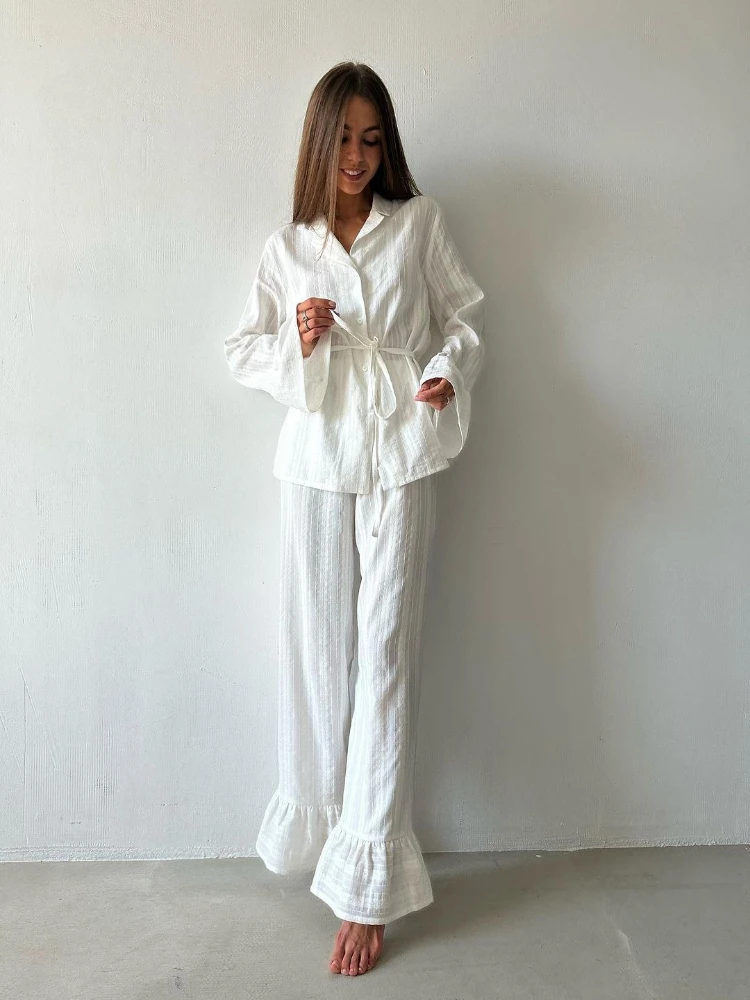 

XiZou повседневная женская ночная рубашка, костюм из двух предметов, ночная рубашка с длинными рукавами, одежда для сна с отложным воротником, брюки, свободная домашняя одежда, женская