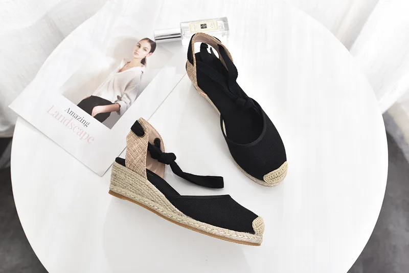 Comfort Shoes for Women Large Size Female Sandal Espadrilles Platform 2024 Summer Strappy Heels Cross Round Toe Spring Big Velve