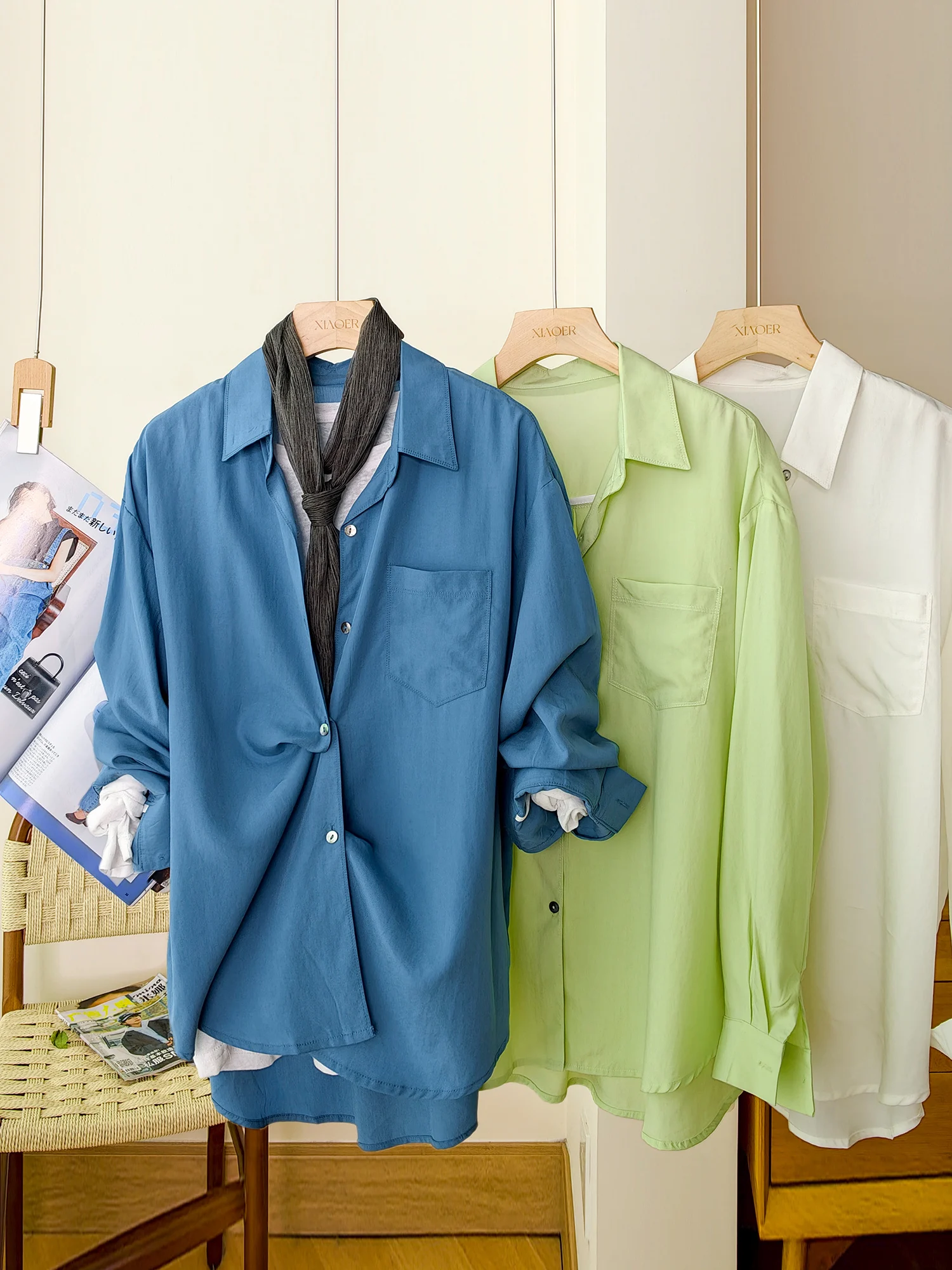 

Smooth Simple Collar Shirt 100% Lyocell Fabric to Stitching Fine Detailing Women's Loose Fit Long Sleeve Button up