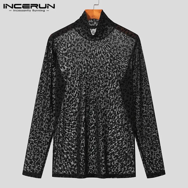 INCERUN Men T Shirt Leopard Print Turtleneck Long Sleeve Mesh See Through Sexy Camisetas Streetwear 2024 Fashion Men Clothing